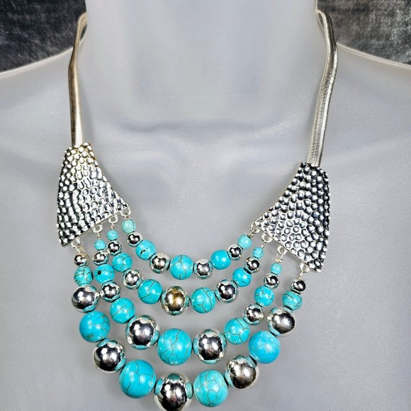 Faux Turquoise Necklace Bib Silvertone Multi Layer Beaded Statement Jewelry - Picture 6 of 8